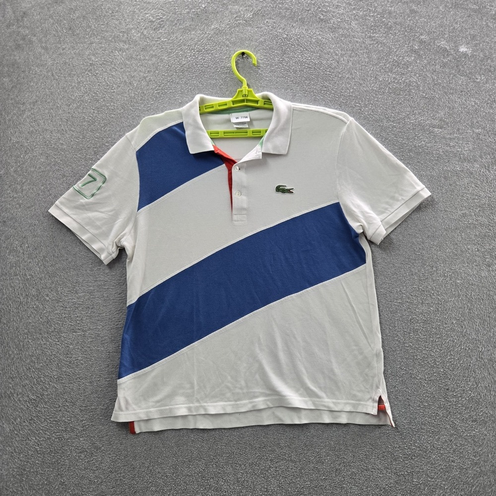 Lacoste Men Polo 6 White Embroidered Striped Crocodile Logo Short Sleeve